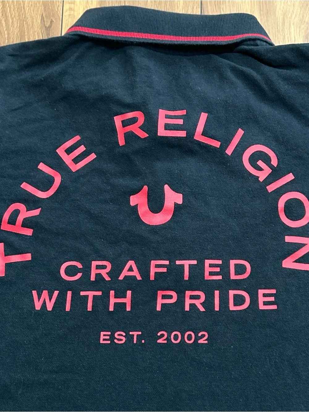 True Religion Polo Shirt Men Black Red Logo Short Sleeve Crafted With Pride/XL